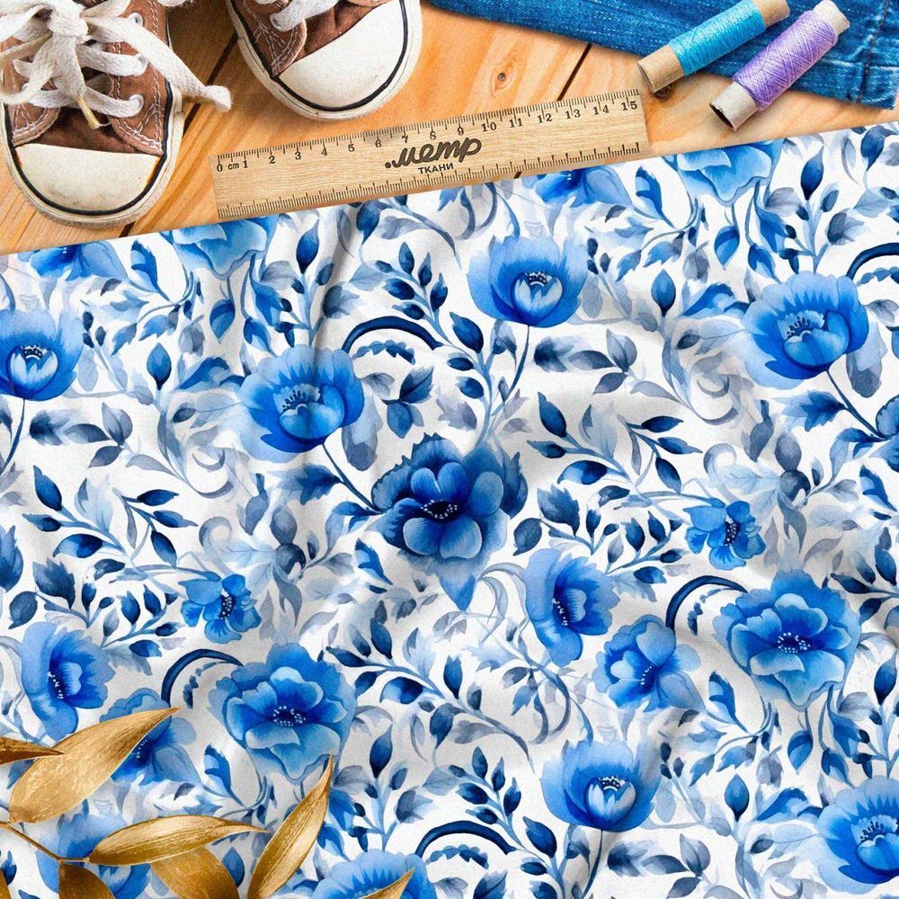 Ткань премиум шелк искусственный Армани цветочная фатназия в голубых тонах