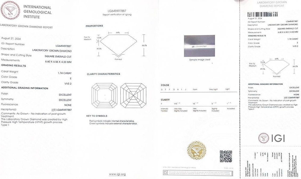 Лабораторно-выращенный бриллиант ашер 6.57х6.53 мм 1.76 ct, 6.60х6.56 1.74 ct E/VVS2 (пара)