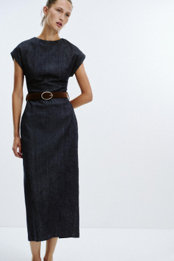 ZARA ПРИТАЛЕННОЕ ПЛАТЬЕ-МИДИ С ПОЯСОМ, СИНИЙ