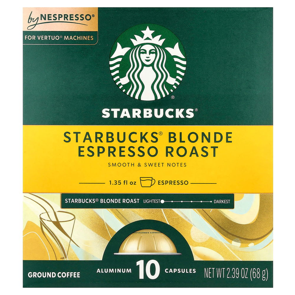 Starbucks, Nespresso®, светлый эспрессо, обжаренный, молотый, 10 алюминиевых капсул, 68 г (2,39 унции)