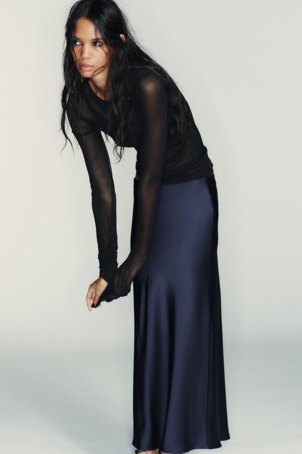 ZARA АТЛАСНАЯ ЮБКА МИДИ, МОРСКОЙ СИНИЙ