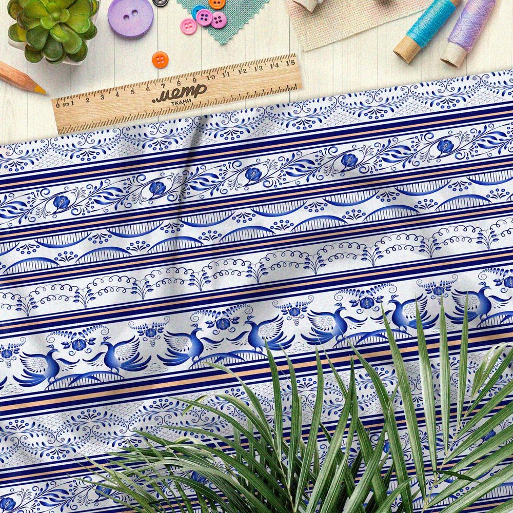 Ткань кулирная гладь ленточная гжель