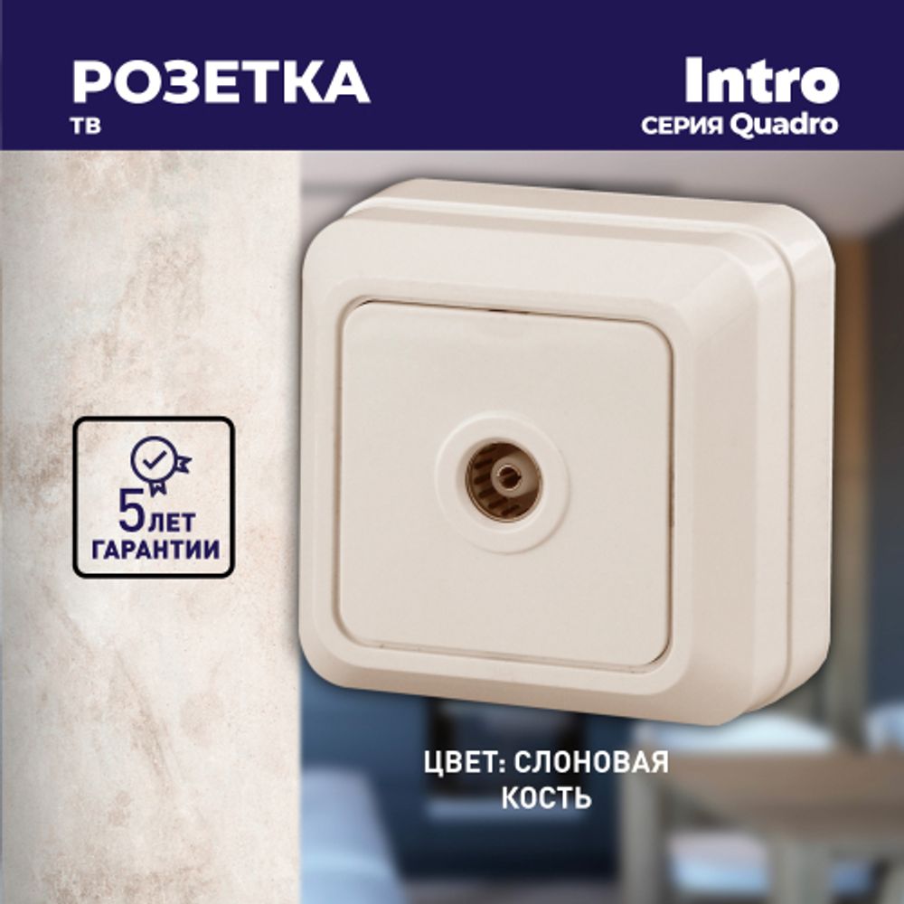 Розетка Intro Quadro 2-301-02 TV одиночная, IP20, ОУ, слоновая кость