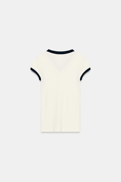 ZARA ФУТБОЛКА В РУБЧИК С КОНТРАСТНЫМИ ДЕТАЛЯМИ, ЭКРЮ