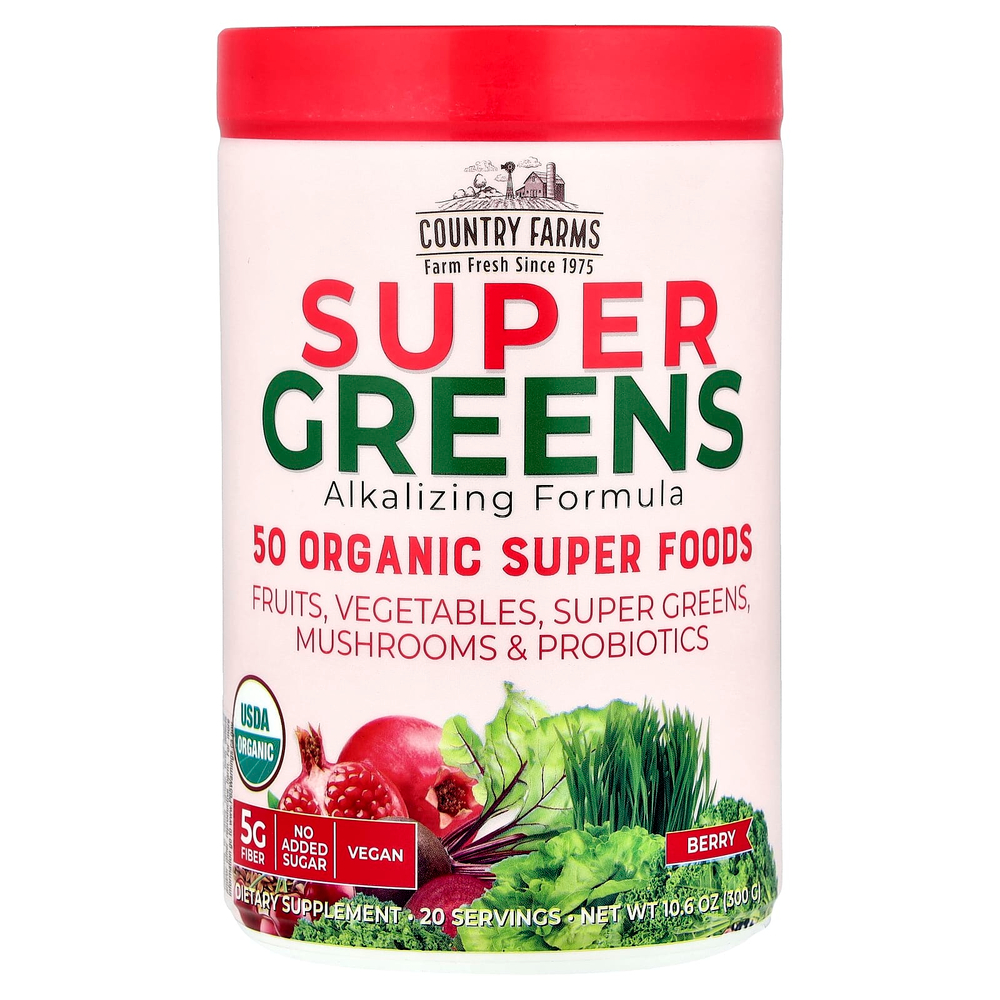 Country Farms, Super Greens, подщелачивающая формула, ягоды, 300 г (10,6 унции)