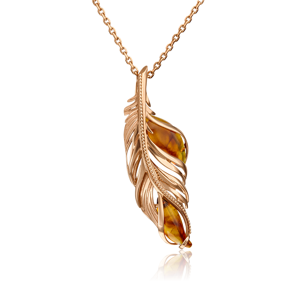 Подвеска «Перо» из красного золота с янтарём