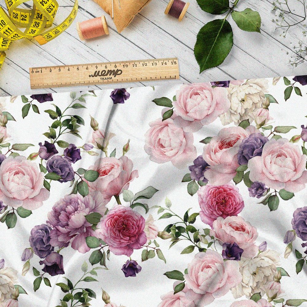 Ткань габардин розово-фиолетовые пионы