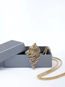 Золотистый магический кулон амулет Волк на длинной цепочке