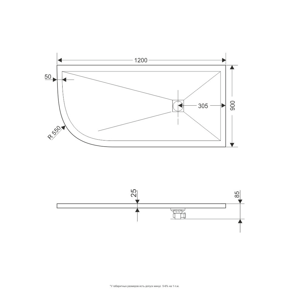 Душевой поддон асимметричный RGW ST/AR-G Графит (900x1200)