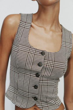 ZARA ТОП ИЗ ИНТЕРЛОКА БЕЗ РУКАВОВ, ЭКРЮ/КОРИЧНЕВЫЙ