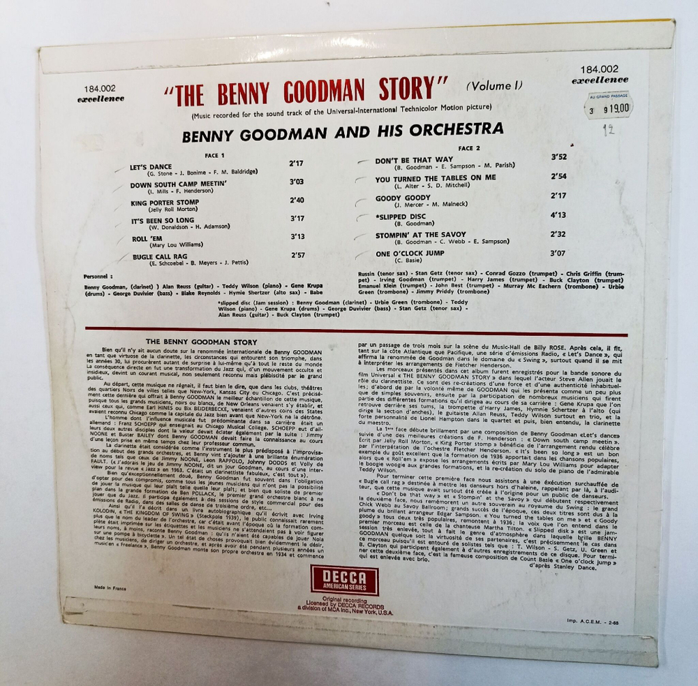Винтажная виниловая пластинка LP Benny Goodman And His Orchestra The Benny Goodman Story Vol. 1 (France 1965)