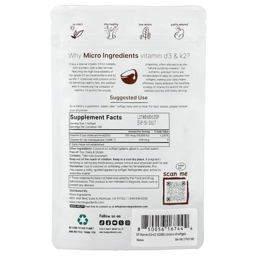 Micro Ingredients, витамины D3 и K2, 180 капсул