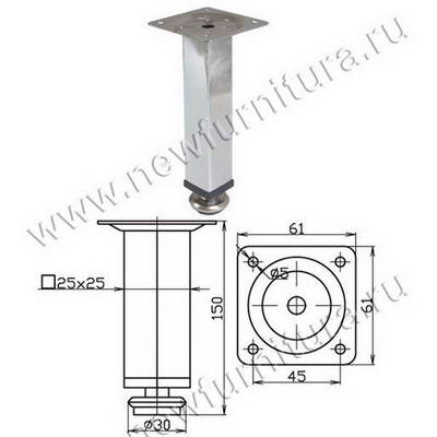 Опора мебельная 19175,150 d25х25мм квадрат, хром (4617)