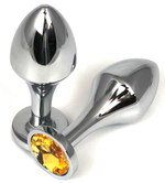 Серебристая анальная пробка на удлиненной ножке с оранжевым кристаллом - 8 см. (Цвет: оранжевый)