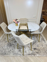 Круглый раздвижной стол "Лофт", белый каспий и стулья "Бостон" бежевый