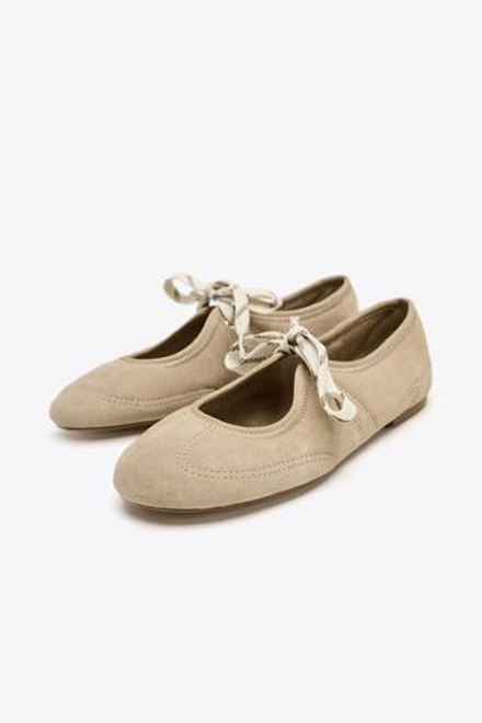 ZARA БАЛЕТКИ ИЗ ЗАМШИ СО ШНУРОВКОЙ, ПЕСОЧНО-КОРИЧНЕВЫЙ