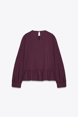 ZARA БЛУЗА С КРУЖЕВОМ И БАСКОЙ, БУРГУНДИ