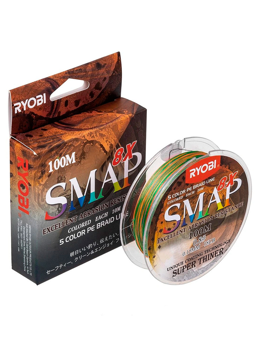 Шнур плетеный для рыбалки Ryobi SMAP PE8X-100M Multi Colour 6.0# 0,405мм