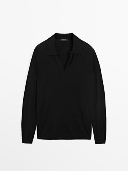 Massimo Dutti Трикотажный свитер из смесовой шерсти с воротником поло, черный