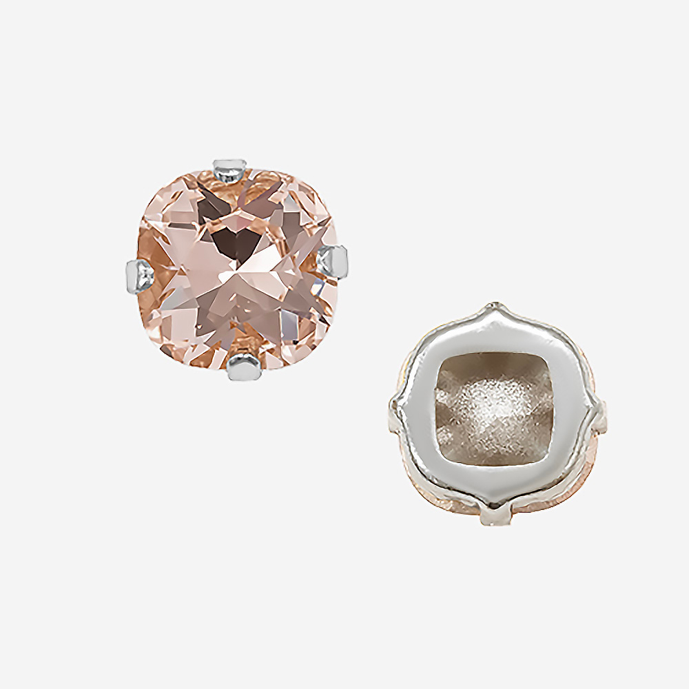 Кристалл Кушон (Сushion) в цапах, оттенок "Светло-персиковый"/"Light Peach", 9,2мм, родирование