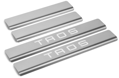 Накладки на пороги Rival для Volkswagen Taos 2021-н.в., нерж. сталь, с надписью, 4 шт., NP.5811.3