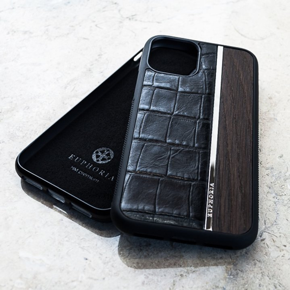 Премиальный чехол iPhone с мореным дубом и натуральной кожей - Euphoria HM Premium - солидный, стильный, дорогой, оригинальный