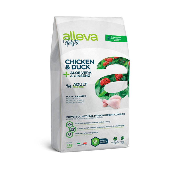 Беззерновой корм Alleva Holistic, для собак мелких пород, курица/утка/алоэ/женьшень, 2 кг