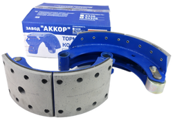 Колодка барабанного тормоза а/м МАЗ 54326, 9919, 93866, 5336, полуприцеп, в сб. под АБС (комплект 2 шт.=54326-3501090 + 54326-3501091 в сборе с роликом/ на колесо/ доп. арт. 9919-3501090/91/ Ширина 160 мм.) АККОР