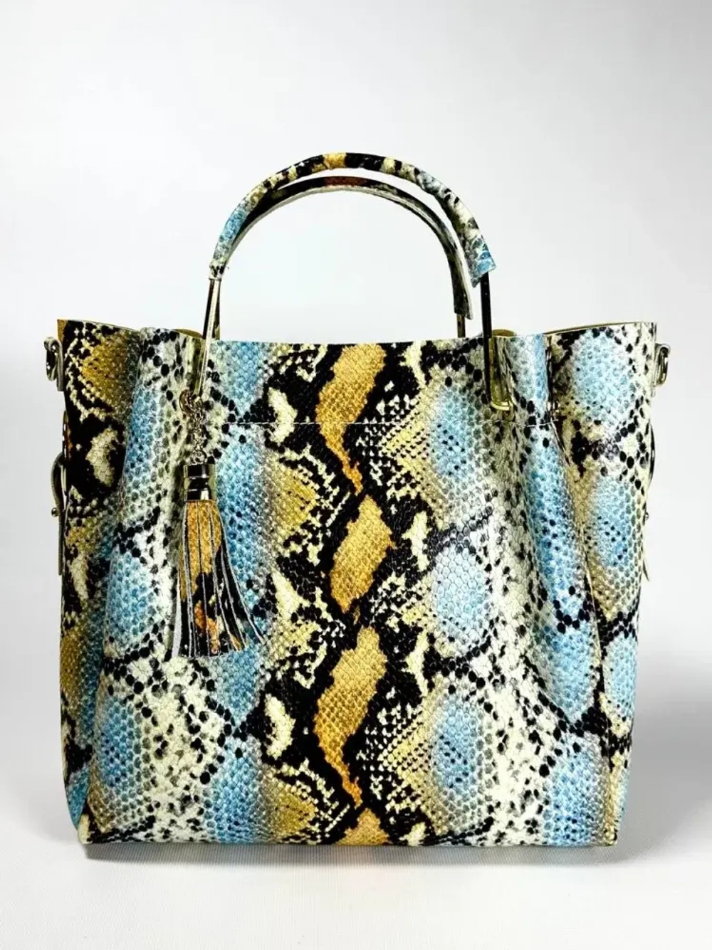 Женская желто-голубая сумка из натуральной кожи с тиснением питон