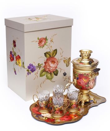 Zhostovo samovar, hand forged tray and 4 tea glass holders in gift box – set of 4 tea glass holders SET01D1911914834