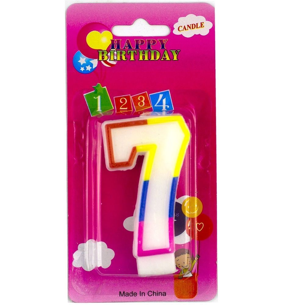 Свеча для торта с держателем Alingar, 7,0 см, "Цифра 7", белый цвет, цветная окантовка, блистер с европодвесом