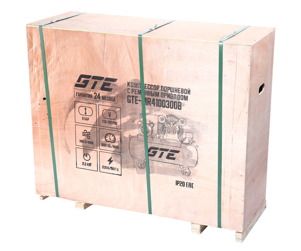 Компрессор пневматический 220В 2.2кВт 8атм. 300л/мин. ресивер-100л ременной GTE