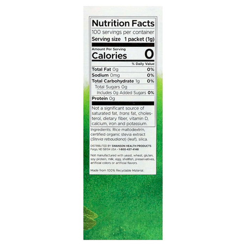 Swanson, Экстракт зеленых листьев стевии, 100 пакетиков