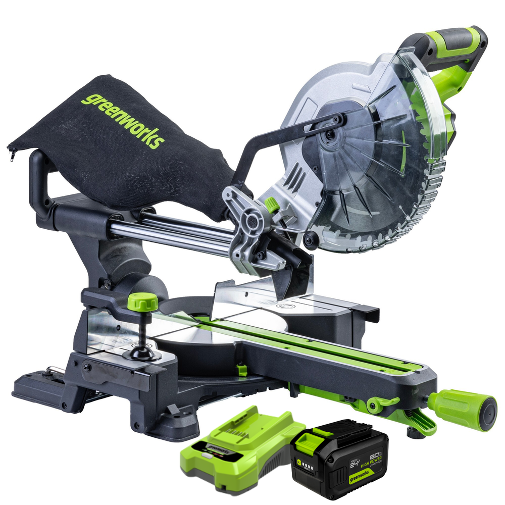 Торцовочная пила акк. Greenworks GD24MS216, 24V, б/щ, 4800 об/мин, 216x30мм,рез 65х310мм,c 1х8Ач и быстрым ЗУ(1501707UH)