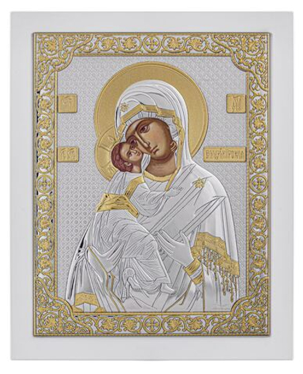Владимирская БМ, икона прямоугольная с рамкой, белое дерево 210х260