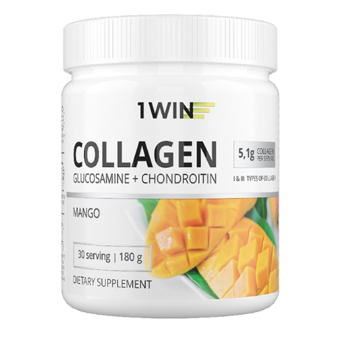 Коллаген + Витамин С с Глюкозамином и Хондроитином &quot;Манго&quot;, Collagen + Vitamin C + Glucosamine and Chondroitin Mango, 1Win, 180 г