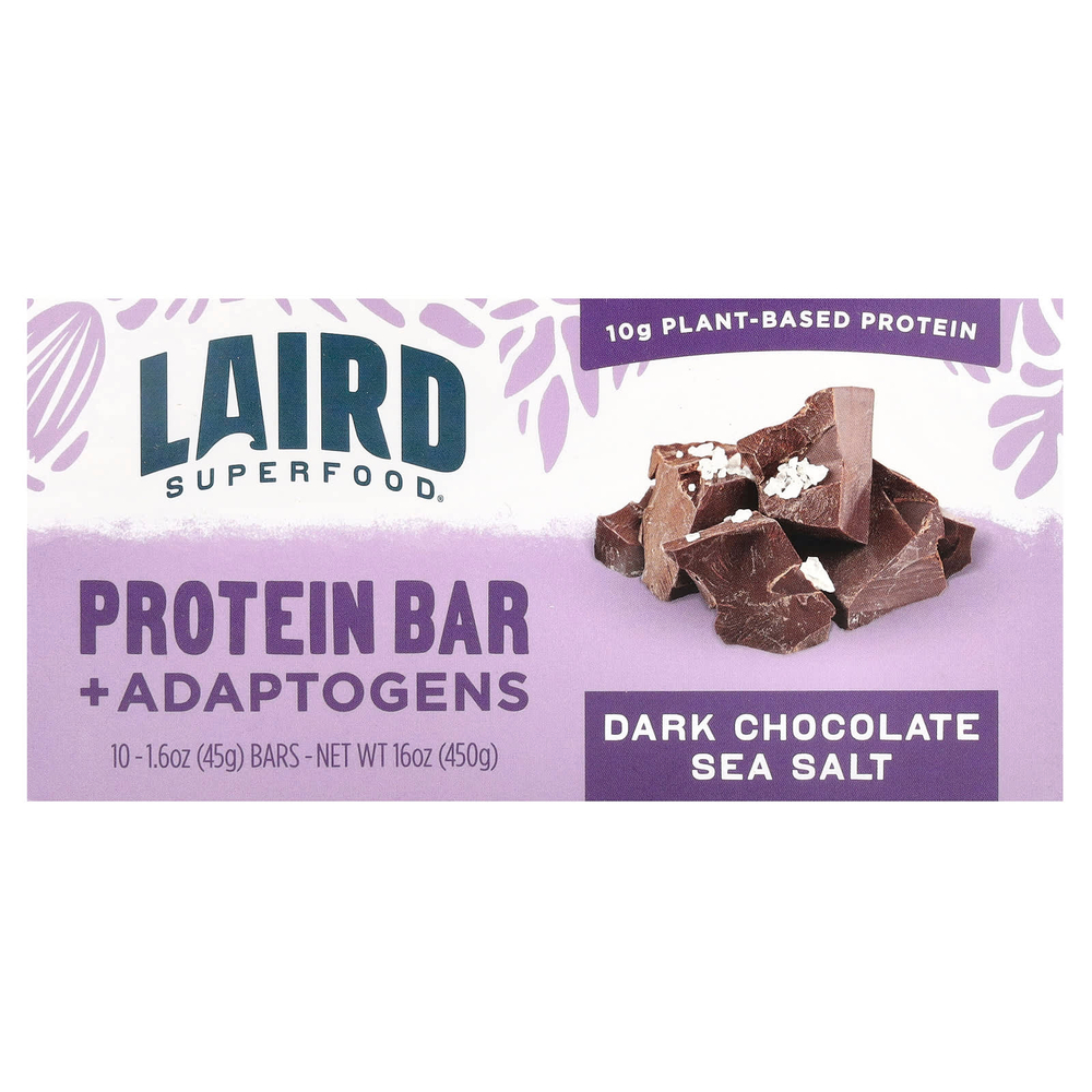 Laird Superfood, Протеиновый батончик Superfood + адаптогены, морская соль из темного шоколада, 10 пакетиков по 45 г (1,6 унции)