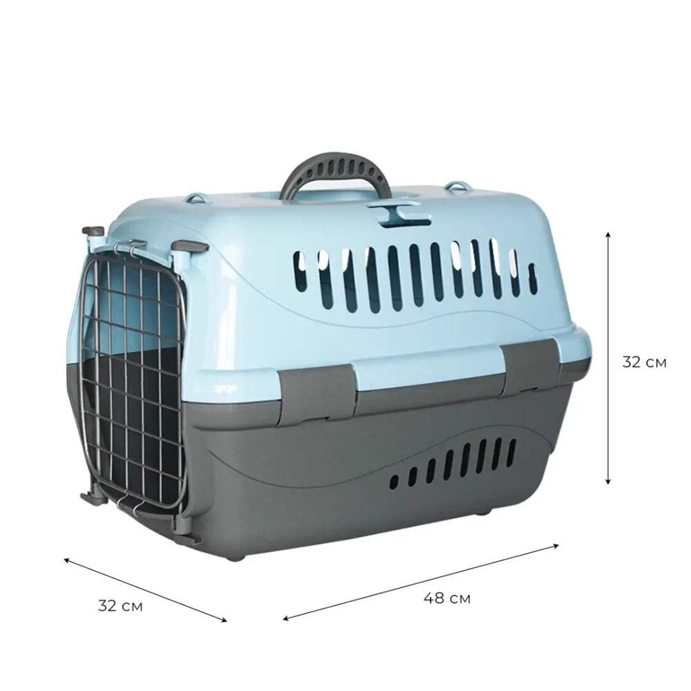 Переноска пластиковая ZOOEXPRESS "Турне" с металлической дверцей - 48х32х32 см (M) - голубая
