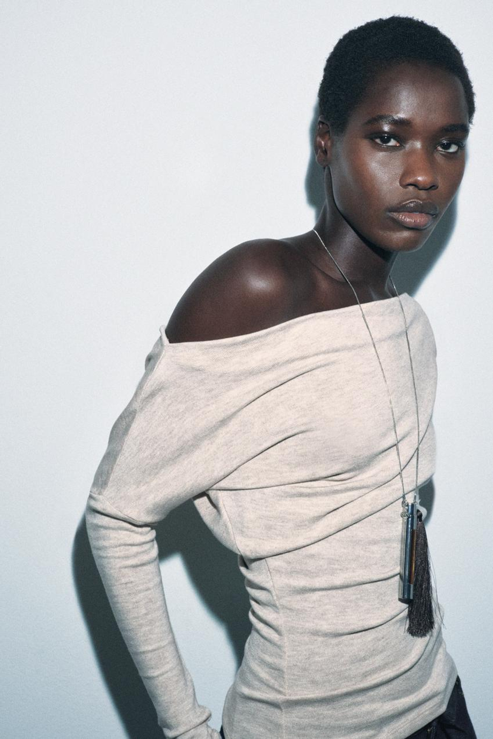 ZARA ТОП АСИММЕТРИЧНОГО КРОЯ ИЗ МЯГКОЙ ТКАНИ, БЕЖЕВЫЙ МЕЛАНЖ