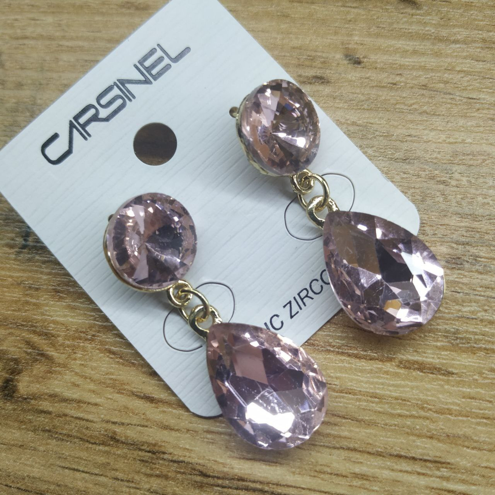 Серьги-гвоздики Cubic Zirconia подвеска капля цвет розовый металл золотистый