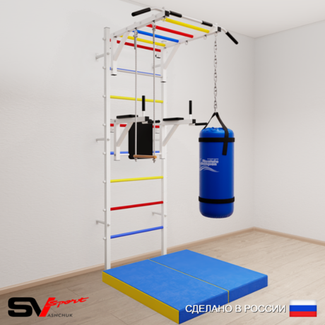 Шведская стенка Sv Sport усиленная 6437 (Турник рукоход/Брусья/Трапеция/Цепь/Мешок 30кг/Мат 1м)
