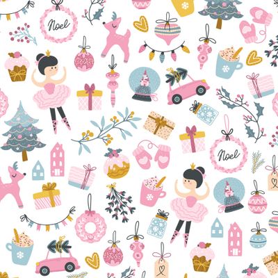 новогодний паттерн с игрушками балериной и елкой