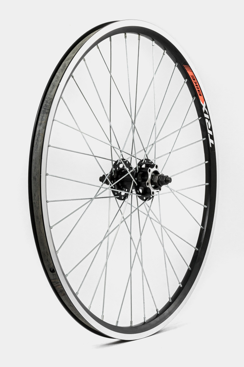 Колесо переднее 24" TRIX, профиль алюминиевый, двойной, 36H, фрезерованный, 507х19,4/25х21,4мм, A/V, анодированный, черный, втулка стальная, под ДИСК, гайка, черная, спица серебристая