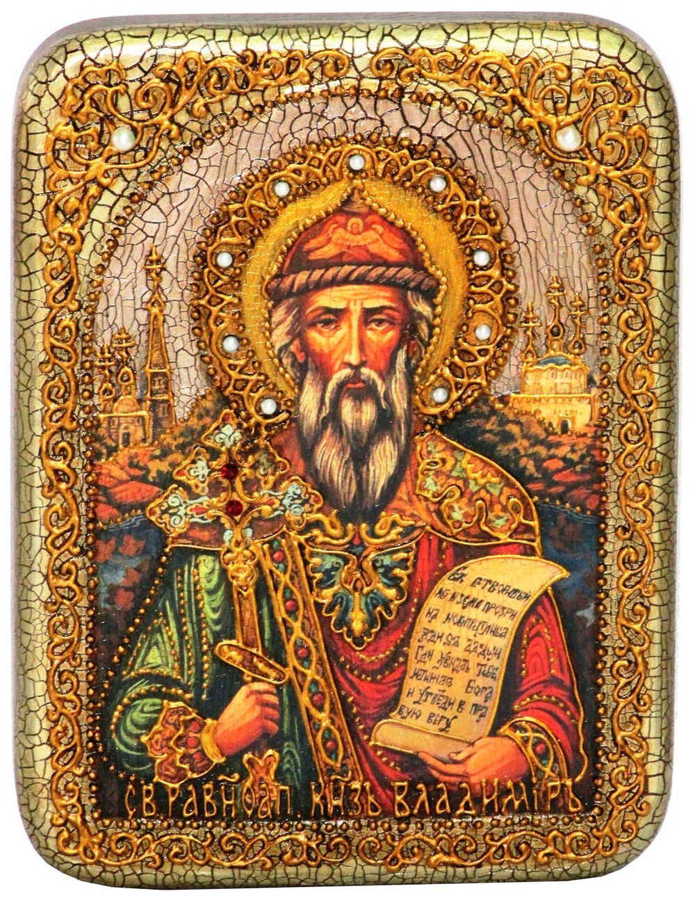 Инкрустированная икона Святой равноапостольный князь Владимир 20х15см на натуральном дереве в подарочной коробке