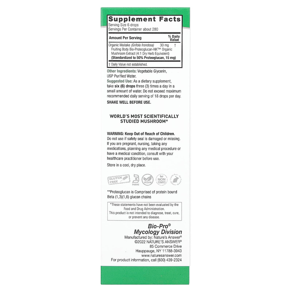 Nature's Answer, Bio-Pro Maitake Bio-Beta-Glucan, без спирта, 15 мг, 60 мл (2 жидк. Унции)