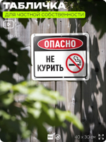 Табличка для частной территории "Опасно, не курить", на дом, для участка, организаций и частных территорий, предупреждающая, 40х30 см, Silver Plane x Айдентика Технолоджи