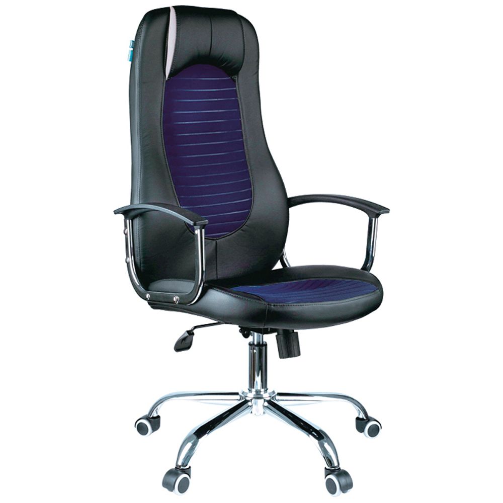 Кресло руководителя Helmi HL-E93 "Fitness", экокожа черная/ткань S синяя, хром, мех. качания "Люкс"