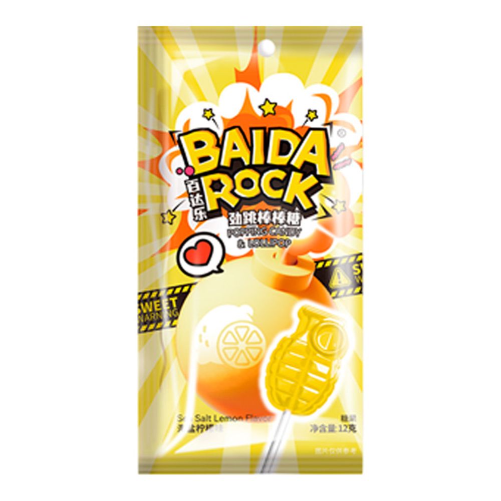 Карамель на палочке со взрывной карамелью, лимон и морская соль, BAIDA ROCK PoppingCandy+Lollipop 12 гр