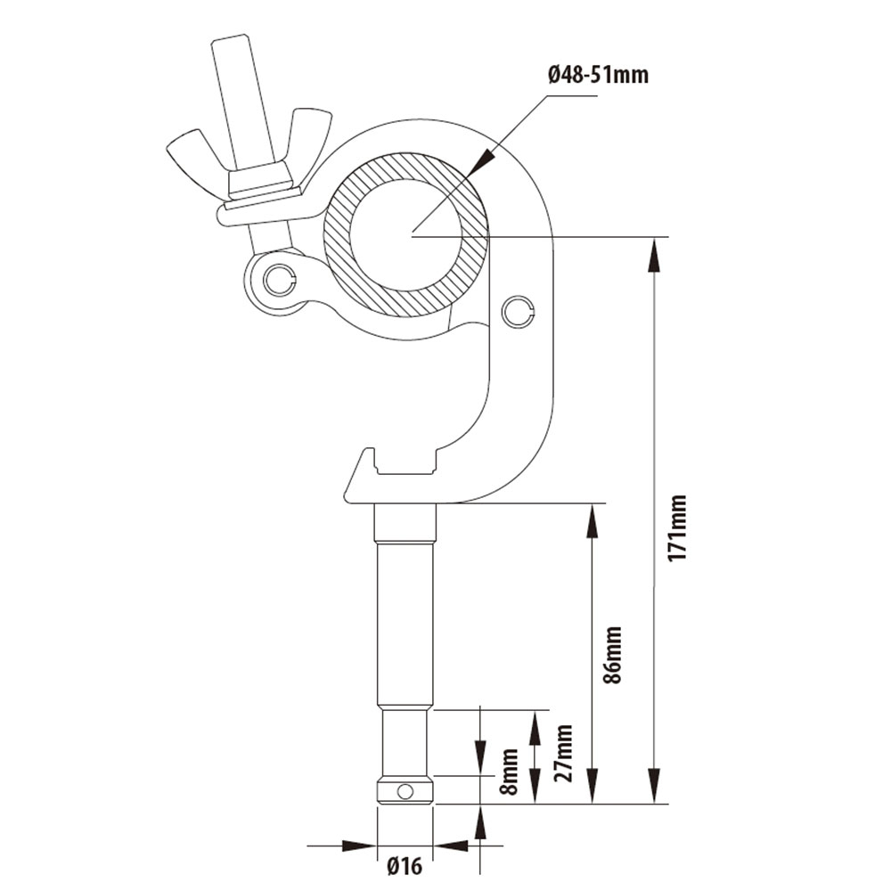 KUPO KCP-829 Slim Handcuff Clamp w/16 mm Stud. Струбцина узкая (штифт 5/8") (Ø48-51↓100)