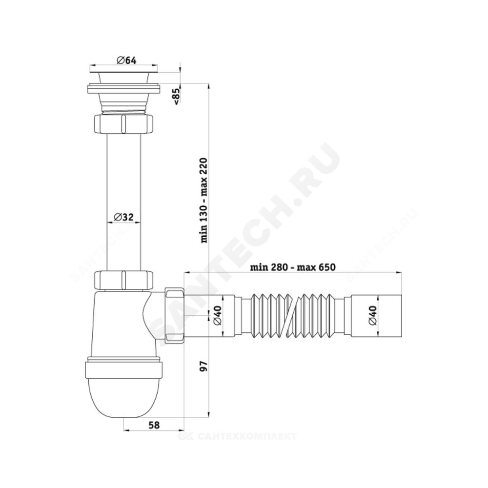 Сифон для умывальника бутылочный 1 1/4"x40 с гофрой 40х40 выпуск с нержавеющей решёткой D=65мм Ани АНИ Пласт C1005